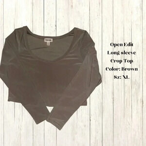 Open Edit Long Sleeve Crop Top Color: Brown Sz: XL